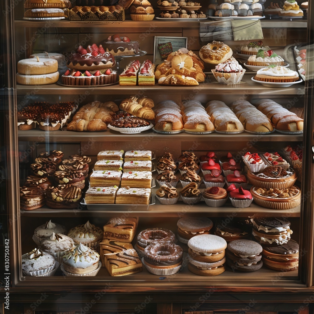 Colorful Display of Bakery Pastries in a Glass Cabinet Colorful Display of Bakery Pastries in a Glass Cabinet