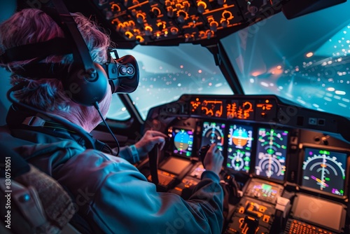 Man Uses VR in Flight Simulator Setup at Home: A man uses a VR headset in a flight simulator setup at home photo