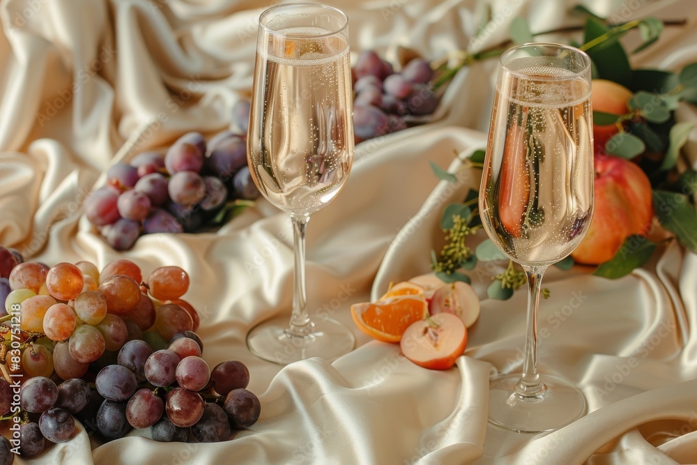 Two wine glasses filled with champagne are on a table with grapes Two wine glasses filled with champagne are on a table with grapes