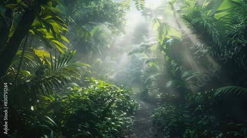 A dense  misty jungle with sunlight filtering through the canopy  illuminating a winding path. 8k  full ultra HD  high resolution  cinematic photography