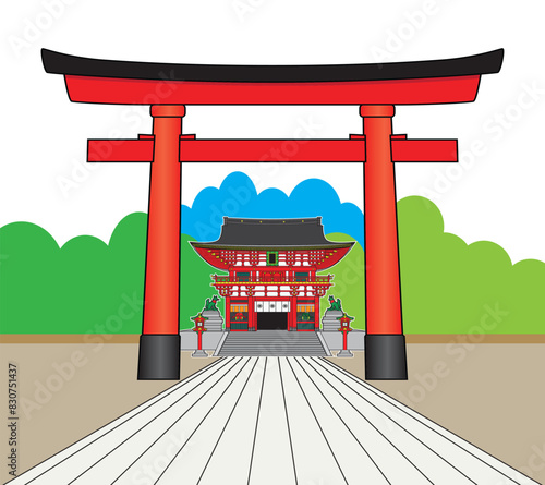 The famous shinto shine in Kyoto Japan – Fushimi inari taisha main entrance gate with fox sculpture see thru Torii Shinto shrine gate drawing in colorful cartoon vector