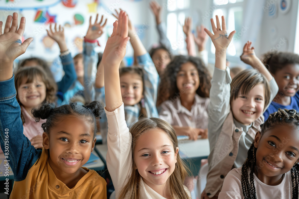 Fototapeta premium Group of pupils at school with their hands raised and the classroom in the background. Back to school. Children students raising their hands at lesson and having fun in class to answer the question.