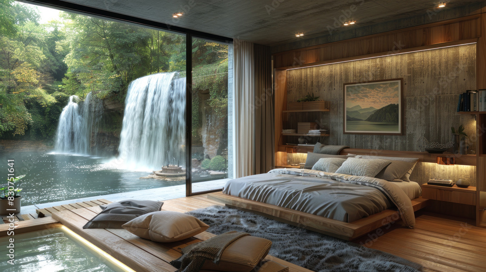 Natural blue shade bedroom of a house villa resort by river waterfall