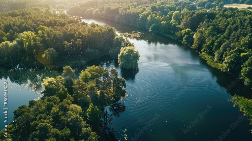 Aerial view of summer lake landscape with pine forest and river featuring water scooter and activities Aerial view of summer lake landscape with pine forest and river featuring water scooter and activities