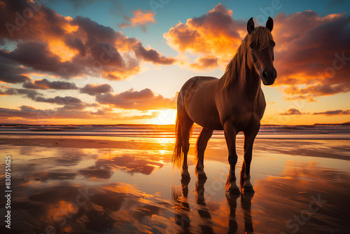 A brown horse standing on top of a sandy beach under a cloudy blue and orange sky with a sunset.  © JM Pixels
