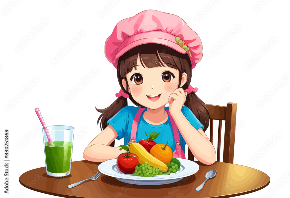 a girl sitting at a table with a plate of food a girl sitting at a table with a plate of food