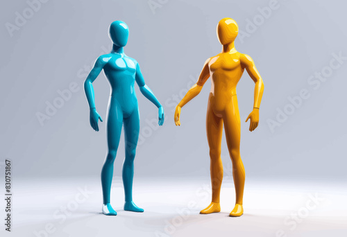 a yellow and a blue mannequin standing next to each other