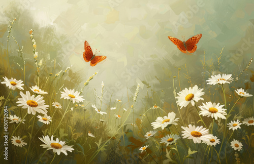 A serene meadow with daisies and butterflies. Created with Ai © emma