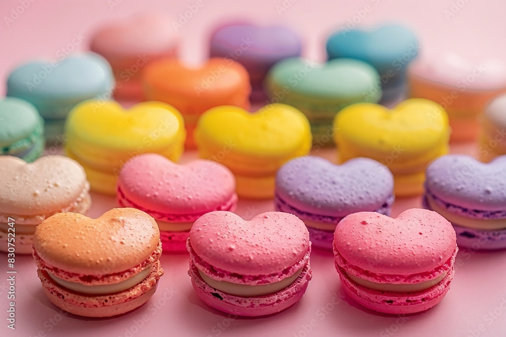 Colorful Macarons Arranged in a Heart Shape on a Pink Surface Colorful Macarons Arranged in a Heart Shape on a Pink Surface