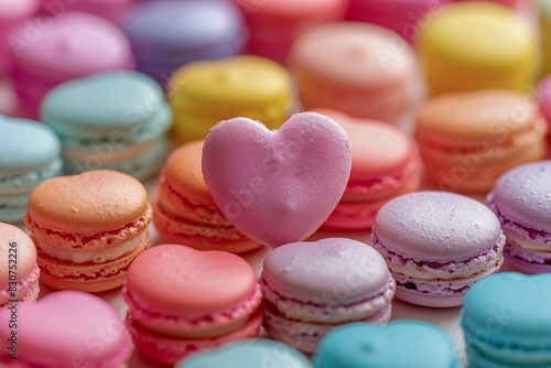 Colorful Heart-Shaped Macarons Amidst Pastel Candies