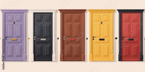 The image displays a collection of colorful doors with different designs and colors, arranged side by side.