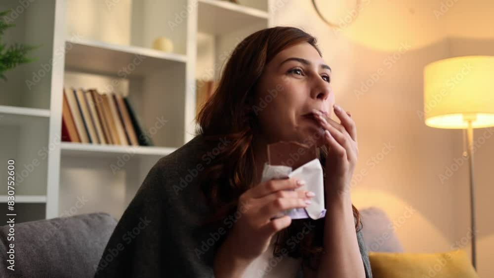 Pretty young brunette woman looking around to make sure nobody watching and eating chocolate bar with great pleasure at home Smiling female biting and enjoying sweets indoors Break the diet concept Pretty young brunette woman looking around to make sure nobody watching and eating chocolate bar with great pleasure at home Smiling female biting and enjoying sweets indoors Break the diet concept