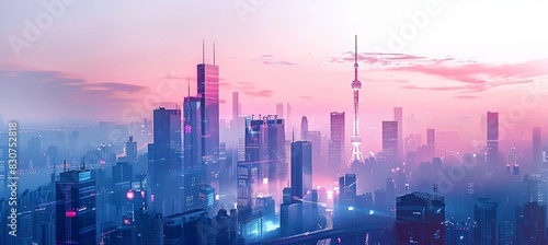 Modern futuristic abstract of minimalistic cityscape with twilight sky. Artistic towering skyscraper background with gradient sky in evening time