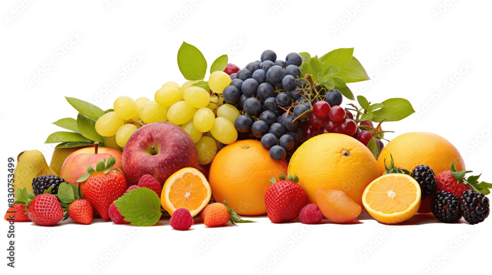 Fresh fruits on a white background, featuring apple, orange, grape, lemon, pear, kiwi, pineapple, and banana Fresh fruits on a white background, featuring apple, orange, grape, lemon, pear, kiwi, pineapple, and banana