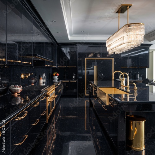 A modern and minimalist black granite kitchen with subtle gold details that enhance the clean lines and contemporary style.