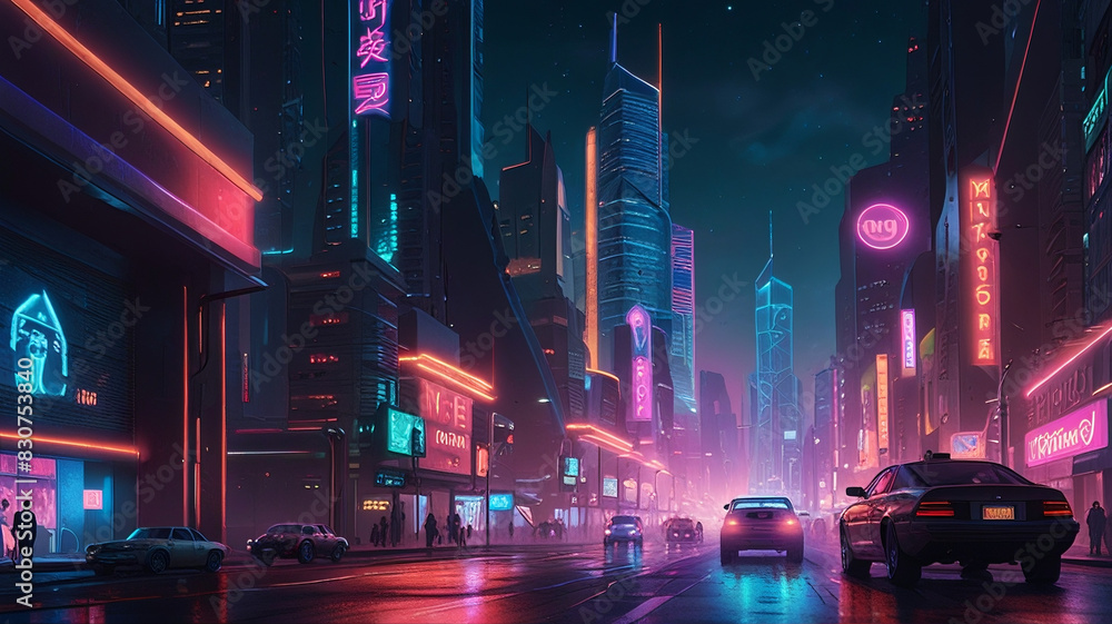 a futuristic city at night, featuring a cyberpunk aesthetic