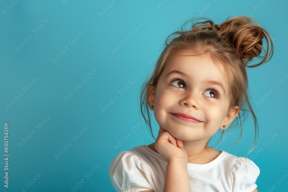Portrait of happy dreaming child girl look in copyspace isolated on blue color background. Smiling little girl looking up with hand on chin, thinking about something with both hands. Pensive fun kid Portrait of happy dreaming child girl look in copyspace isolated on blue color background. Smiling little girl looking up with hand on chin, thinking about something with both hands. Pensive fun kid