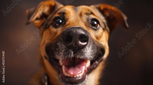 A dog with a big smile  looking playful.