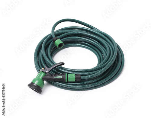 Green garden hose isolated on white background