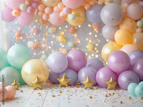A colorful room with a rainbow arch and stars. Kid day concept