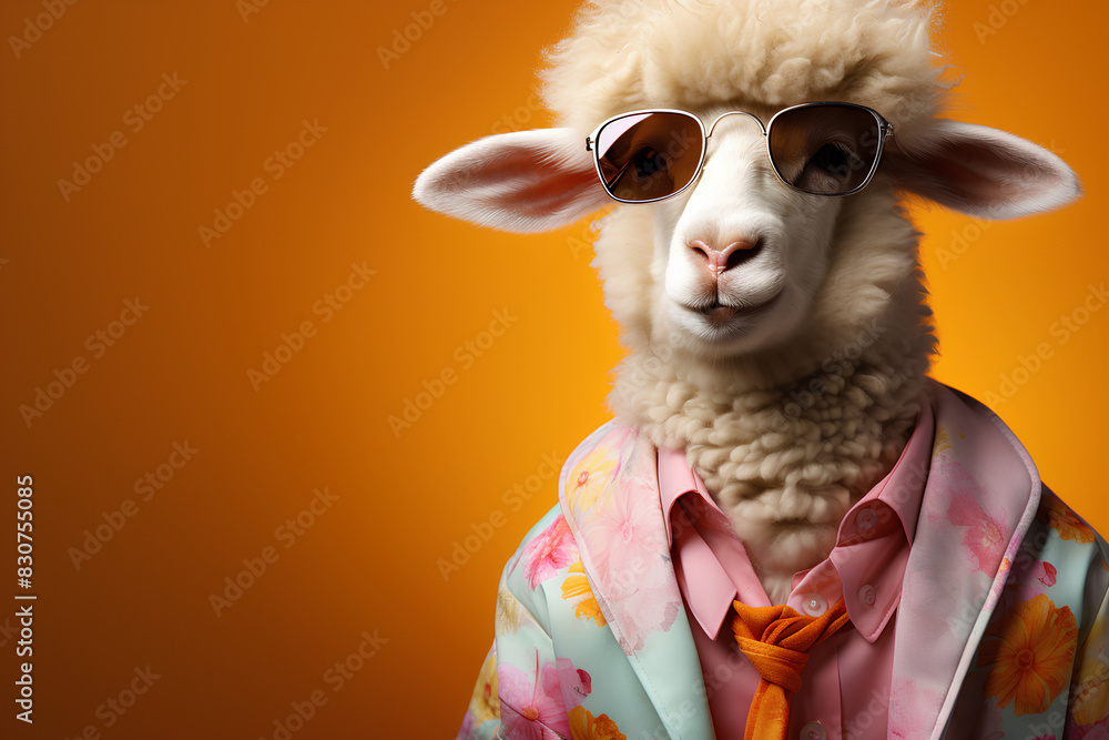 Creative animal concept. Sheep Lamb in glam fashionable couture high end outfits isolated on bright background advertisement, copy space. birthday party invite invitation banner
