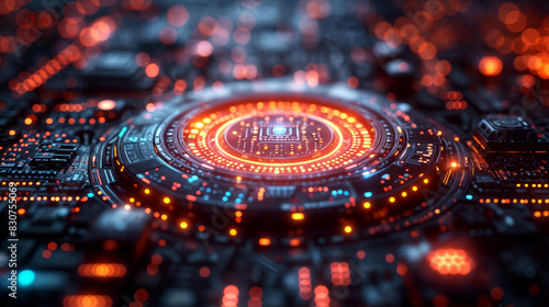 Futuristic Circuit Board with Glowing LED Lights and Electronic Components in a High-Tech Digital Environment