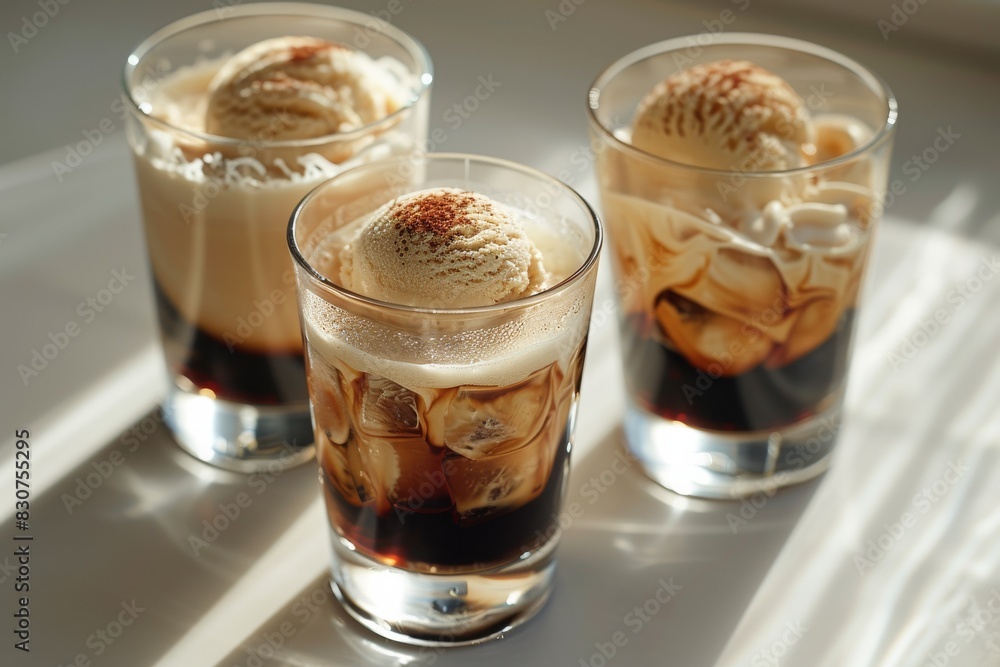 Three glasses of coffee with whipped cream on top Three glasses of coffee with whipped cream on top