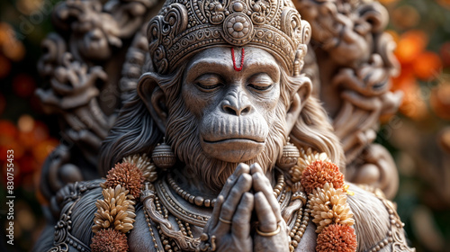 Intricately Carved Statue of Lord Hanuman in Meditative Pose with Floral Garlands in a Spiritual Setting