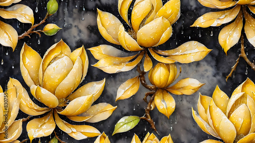 Yellow magnolia flowers with drops of water on a branch during rain in the garden in spring. illustration	 photo