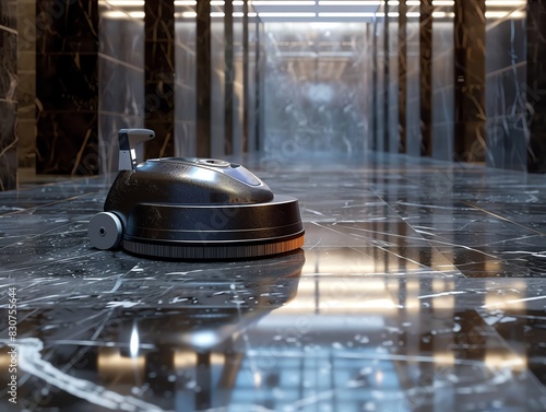 Floor buffer machine in action, on a shiny marble floor, realistic render photo