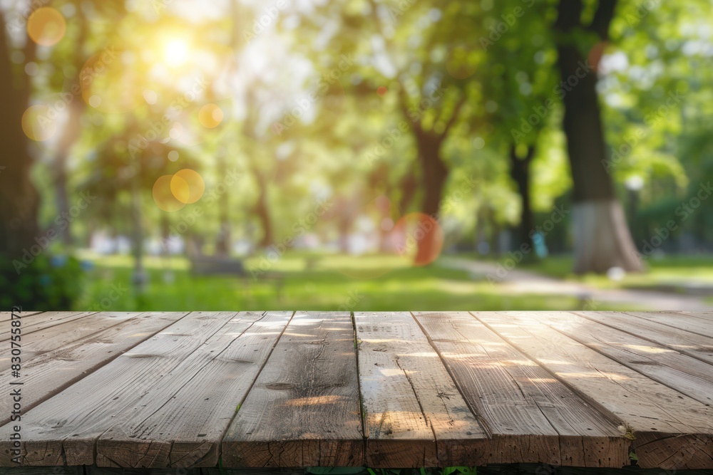 Empty wooden table, with blurred park and garden background. Space for product or brand advertising Empty wooden table, with blurred park and garden background. Space for product or brand advertising