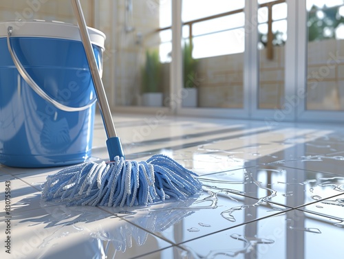 Floor mop with a wringer bucket, on a clean floor, high detail photo