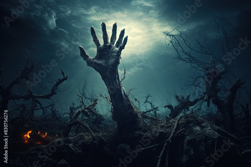 Bone hand , emerging from From the grave, in the moonlight  Cemetery atmosphere photo