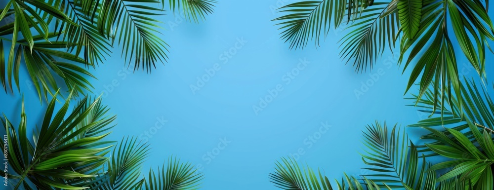 Naklejka premium A painting depicting palm trees standing tall against a clear blue sky, with no clouds in sight