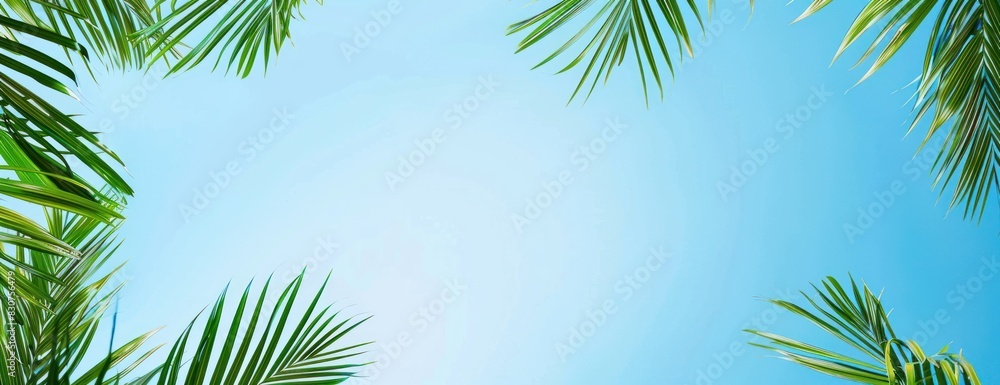 A painting depicting palm trees standing tall against a clear blue sky, with no clouds in sight A painting depicting palm trees standing tall against a clear blue sky, with no clouds in sight
