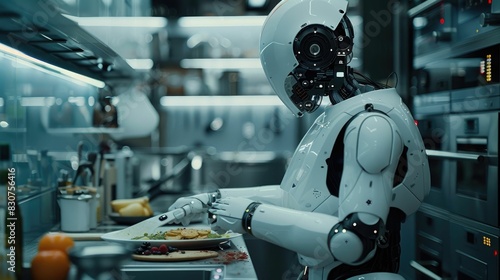 A robot preparing a meal in a high-tech kitchen, showcasing the integration of robotics and AI in modern culinary practices. 