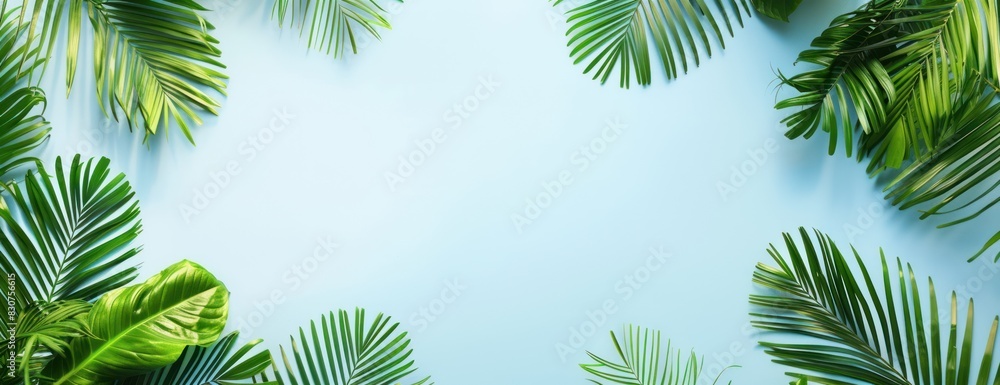 A painting depicting palm trees standing tall against a clear blue sky, with no clouds in sight A painting depicting palm trees standing tall against a clear blue sky, with no clouds in sight