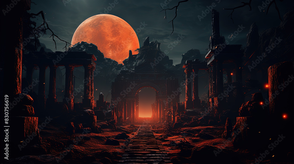 Fototapeta premium red moon during an eclipse, over a cemetary at night