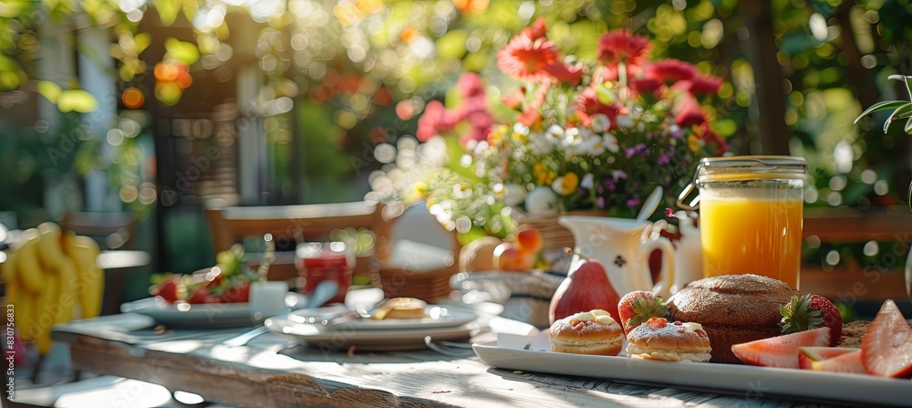 Sunny Outdoor Brunch with Friends: A delightful breakfast experience with friends enjoying fresh fruits, pastries, and beverages at an outdoor cafe
