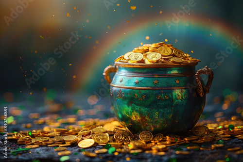 A pot of gold with a rainbow background, full of golden coins. Created with Ai 