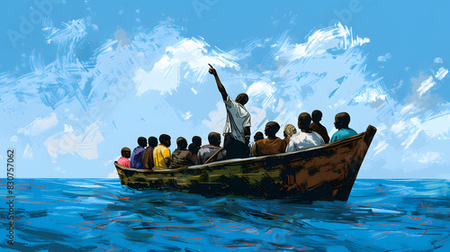 A small boat patera at sea filled with hopeful african people gazing towards the sky photo