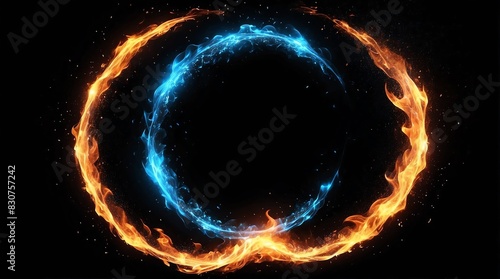 abstract circle of blue glowing light particles with fire flame on plain black background
