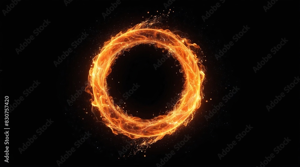 abstract circle of orange glowing light particles with fire flame on plain black background abstract circle of orange glowing light particles with fire flame on plain black background