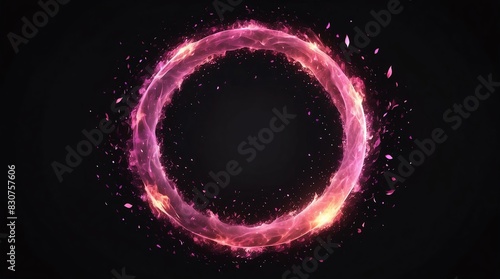 abstract circle of pink glowing light particles with fire flame on plain black background photo