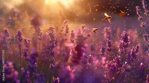 A field of lavender in full bloom  with bees buzzing among the fragrant purple flowers. 8k  full ultra HD  high resolution  cinematic photography