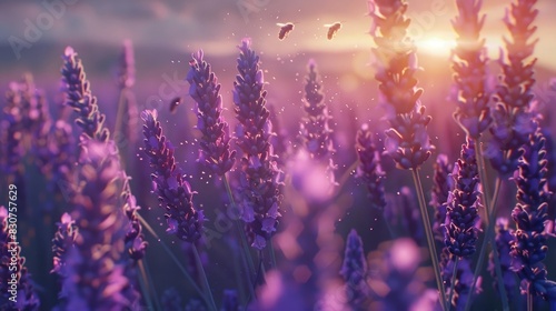 A field of lavender in full bloom, with bees buzzing among the fragrant purple flowers. 8k, full ultra HD, high resolution, cinematic photography