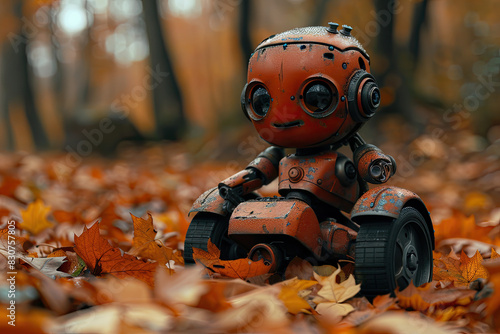 A cute little robot sitting on an old toy tank, surrounded by autumn leaves in the forest. Created with Ai