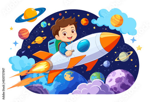 a boy is flying on a rocket with planets around him