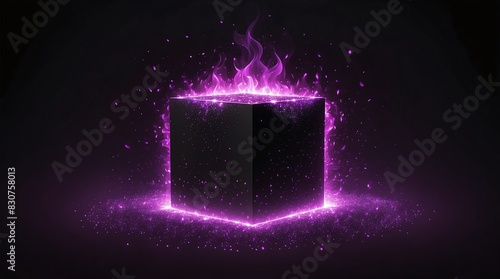 abstract square box of purple glowing light particles with fire flame on plain black background