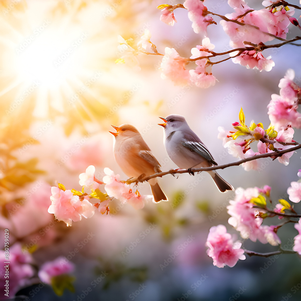 Fototapeta premium Sparrow chirping on the branch of cherry blossom in the early morning of spring beauty background